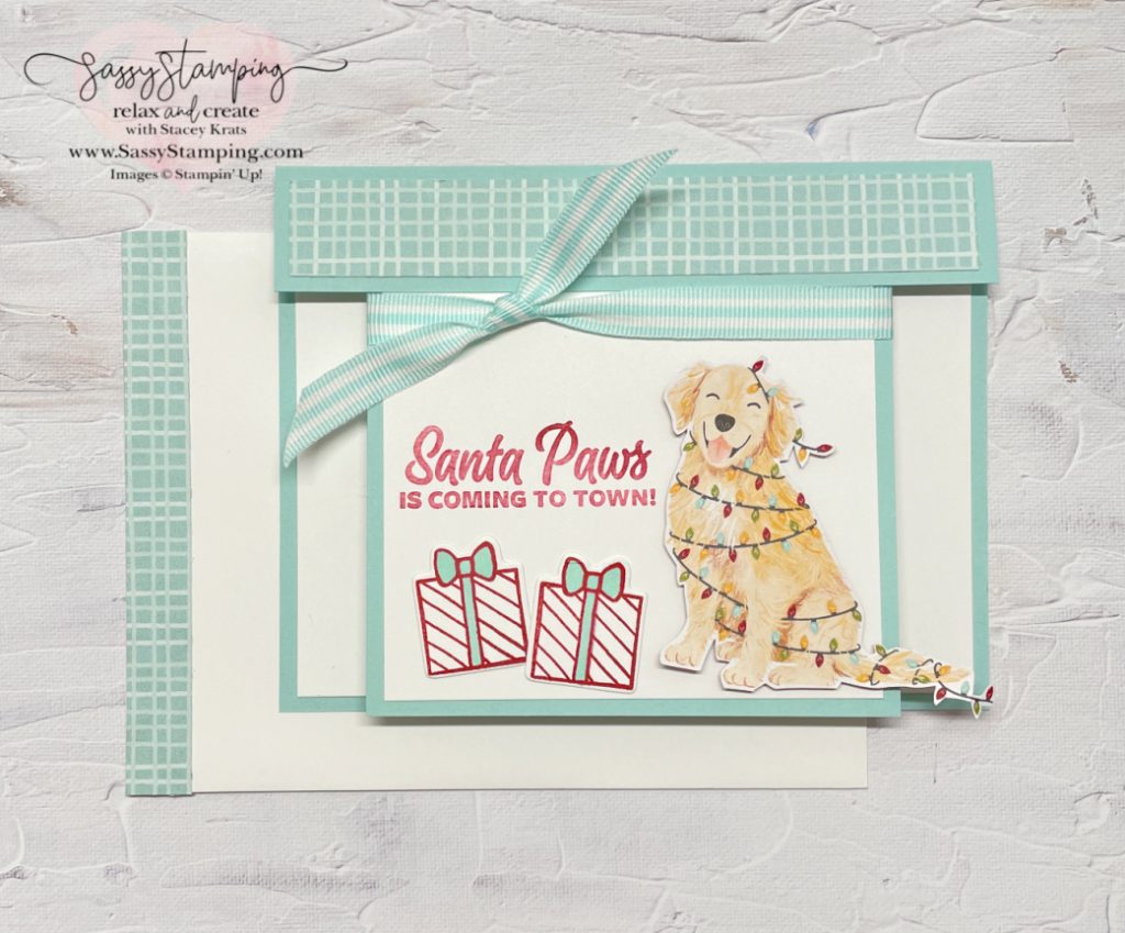 Handmade card with golden retriever and presents