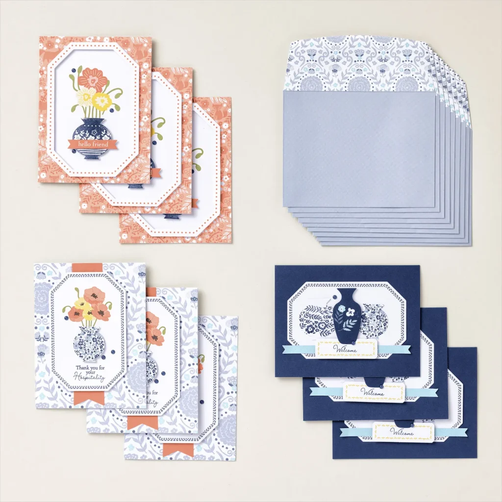 Image of the June 2023 Paper Pumpkin Refill Pack. 3 handmade cards and envelopes.